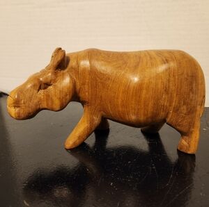 Natural Wood Hand Carved Hippo Figurine. 8" Long Vintage